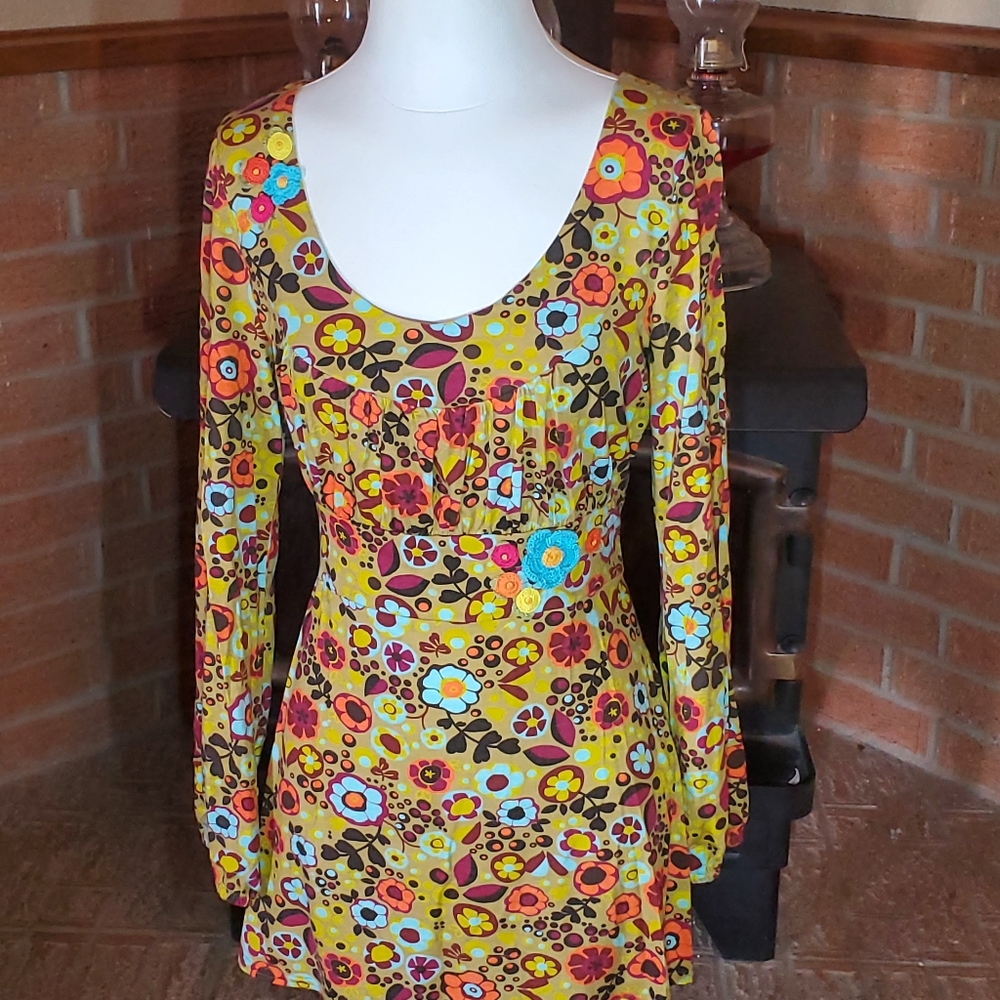 Ivy Jane Tunic Green 60's 70's Floral Themed Blouse Size L